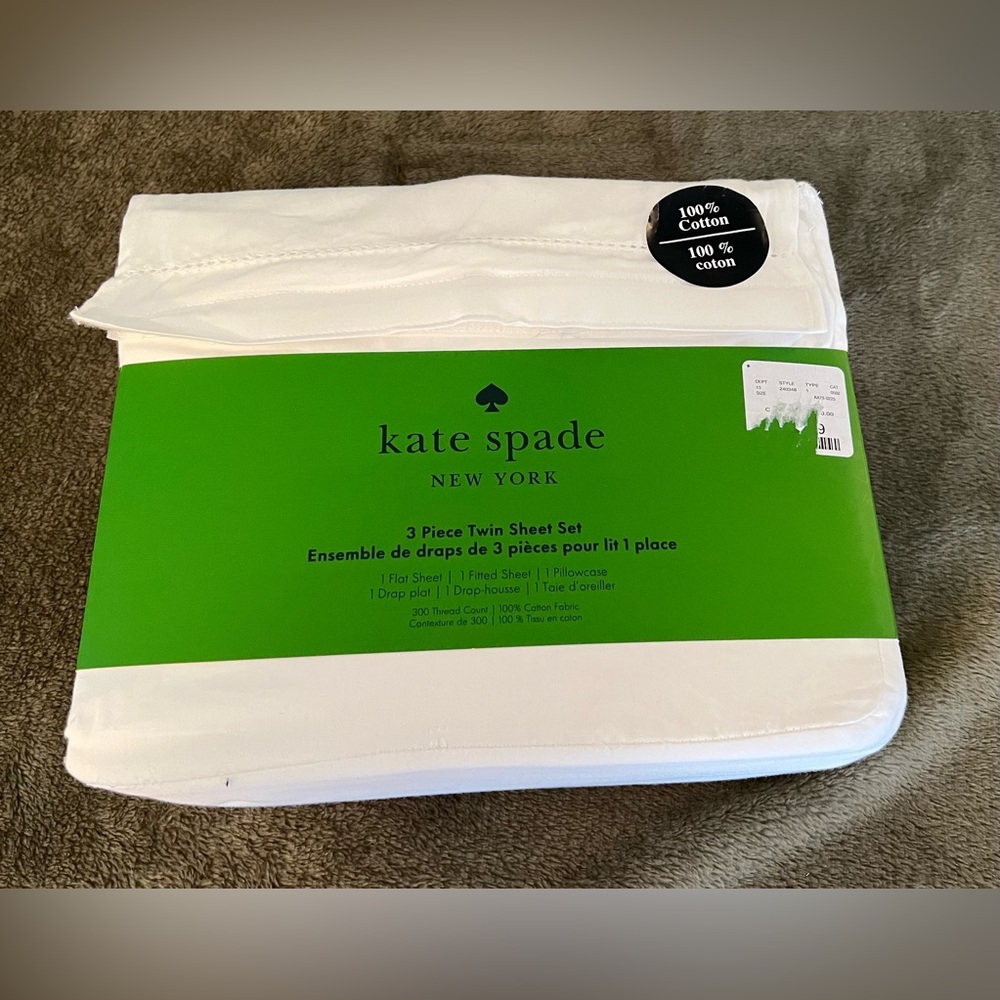 NIP Kate Spade White 100% Cotton w/Lace Trim Twin Sheet Set